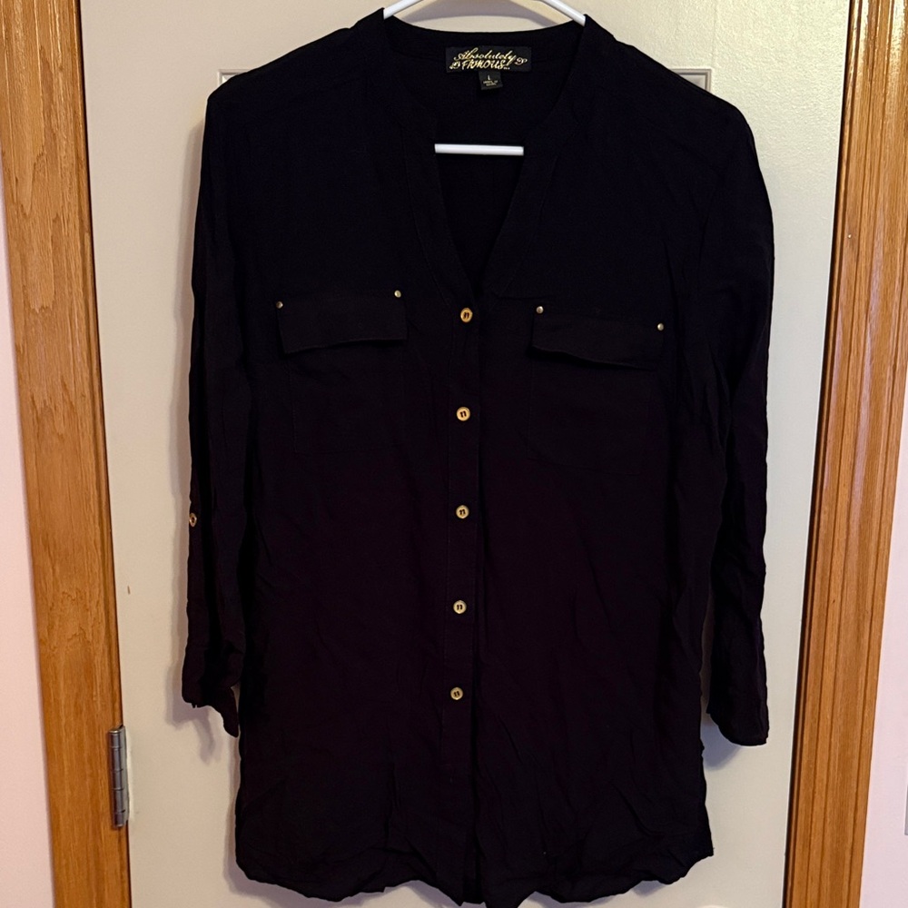 Absolutely Famous Black Button-Up Blouse with Gold Accents